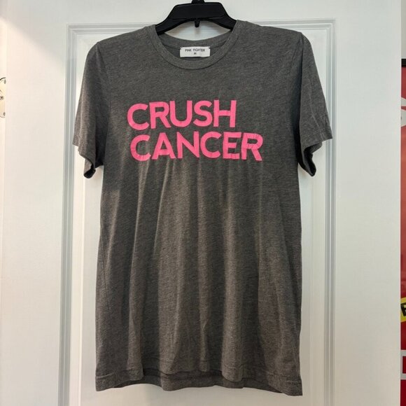 Pink Fighter Tops - Pink Fighter Crush Cancer Gray T Shirt with Pink Lettering
